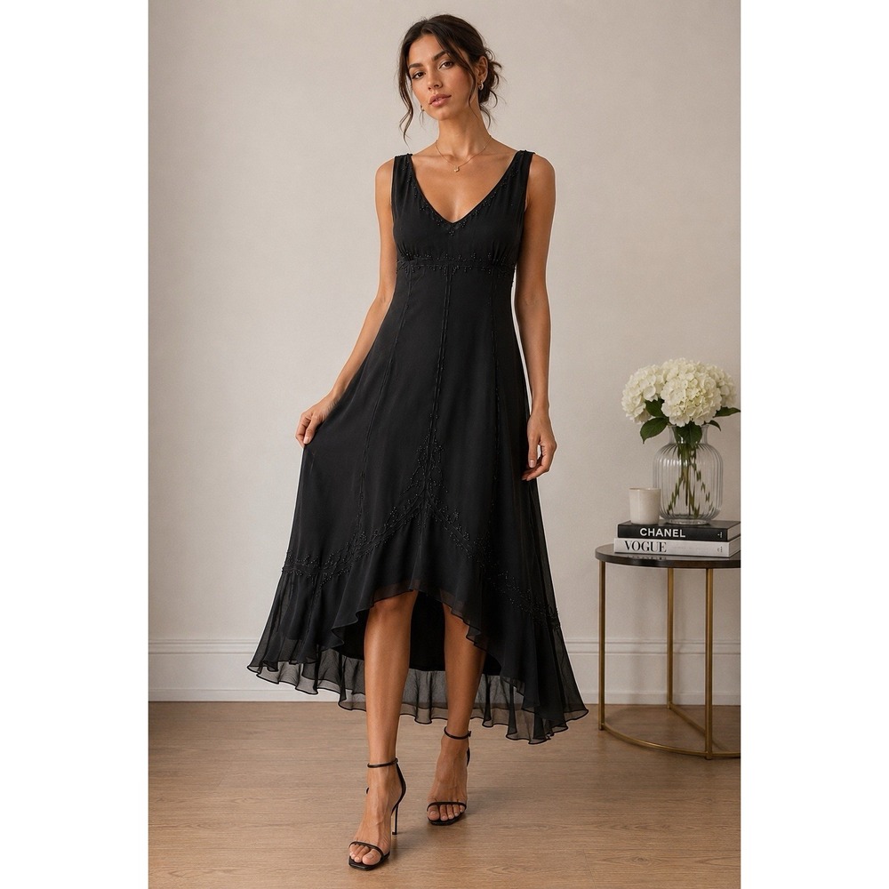Vintage Jones New York Silk Dress Size 16 Beaded Chiffon Evening Elegant Flowy